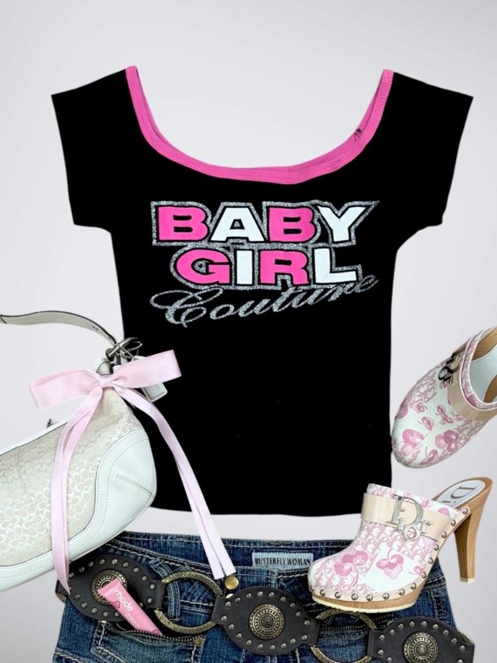VINTAGE Y2K Ever Blue “Baby Girl Couture” Glitter Black & Pink Graphic Top |